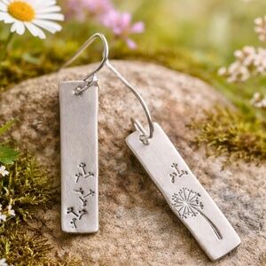 Hand Stamped Silver Bar Earrings | Dandelion Botanical Drop Earrings